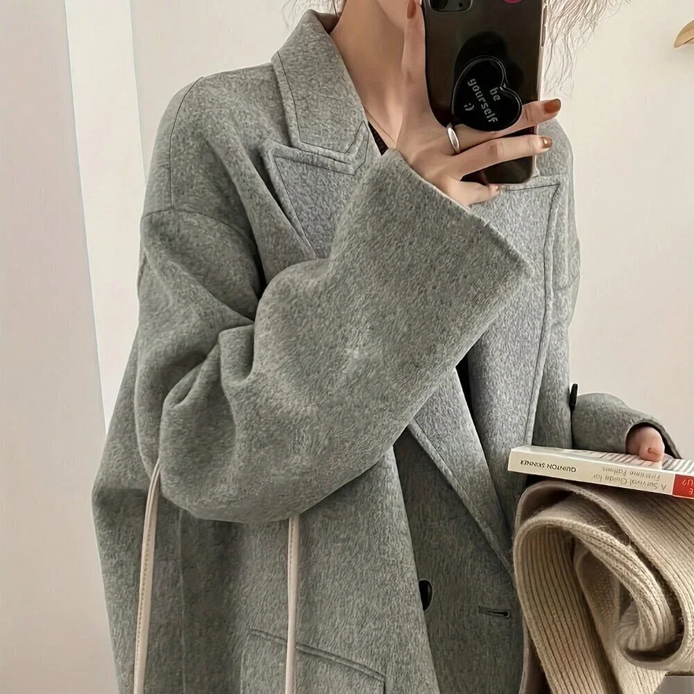 women's Dropped Shoulder Double-Breasted CoaGrey